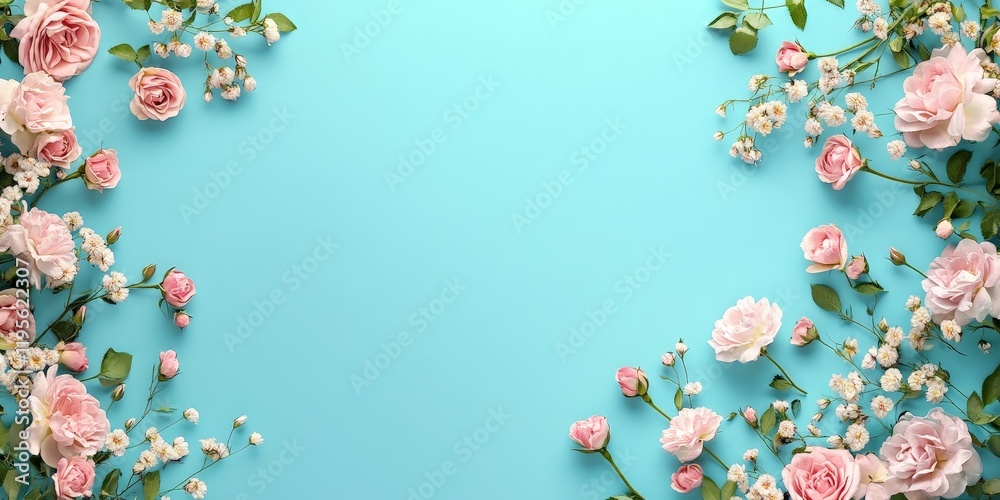 A flat lay of pink roses and chrysanthemums on a soft blue background, creating a romantic and cheerful vibe. Great for event invitations, greeting cards, and seasonal promotions. A flat lay of pink roses and chrysanthemums on a soft blue background, creating a romantic and cheerful vibe. Great for event invitations, greeting cards, and seasonal promotions.