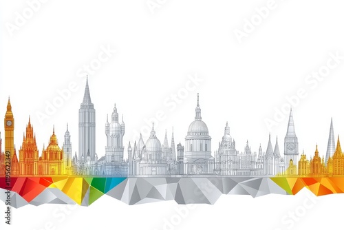 London Skyline Architectural Drawing - Iconic London landmarks, architectural sketch, vibrant geometric base, city panorama, urban design. photo