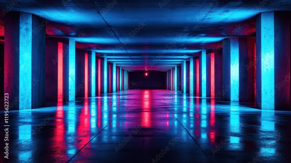 A dark, empty concrete corridor glowing with neon blue and red lighting, reflections on the floor add a mysterious, futuristic feel to the space A dark, empty concrete corridor glowing with neon blue and red lighting, reflections on the floor add a mysterious, futuristic feel to the space