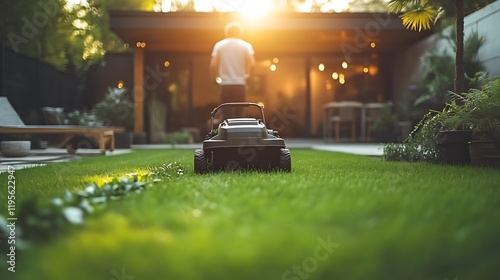 Robotic Mower in a Serene Evening Garden