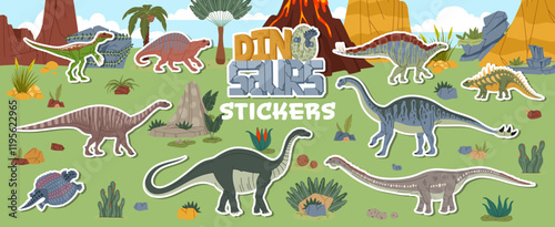 Prehistoric era giant dinosaur characters stickers pack. Vector patches with majestic Jurassic reptiles, herbivore and carnivore creatures at Jungle forest landscape with erupting volcano and plants