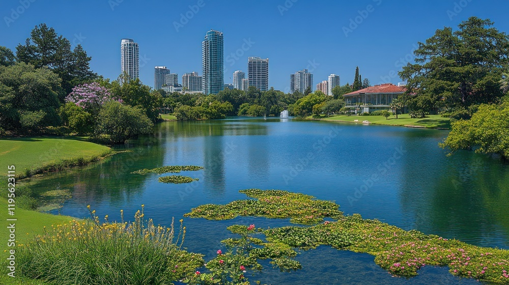 Serene park lake with city skyline view. Lush greenery, calm water, and modern buildings in the background. Serene park lake with city skyline view. Lush greenery, calm water, and modern buildings in the background.