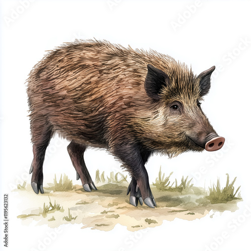 Wallpaper Mural Illustration of the Wild Boar walking through the forest, soft watercolor tones, white background, detailed illustration, cartoonish. Torontodigital.ca