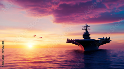 Majestic Aircraft Carrier at Sunset - A large aircraft carrier floats on the ocean at sunset, with fighter jets overhead. A beautiful and powerful image. photo