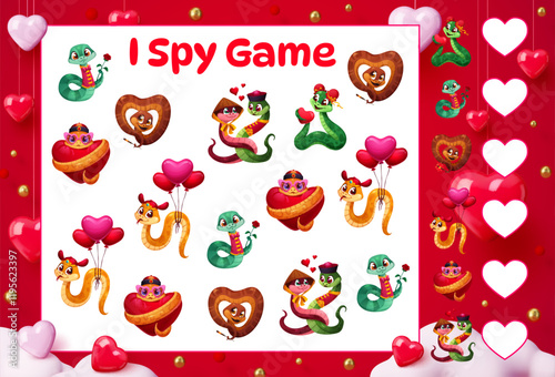 I spy game worksheet, valentines day funny snakes with hearts, balloons and flowers. Vector riddle for kids with playful reptiles in love. Festive activity for families during valentine celebrations