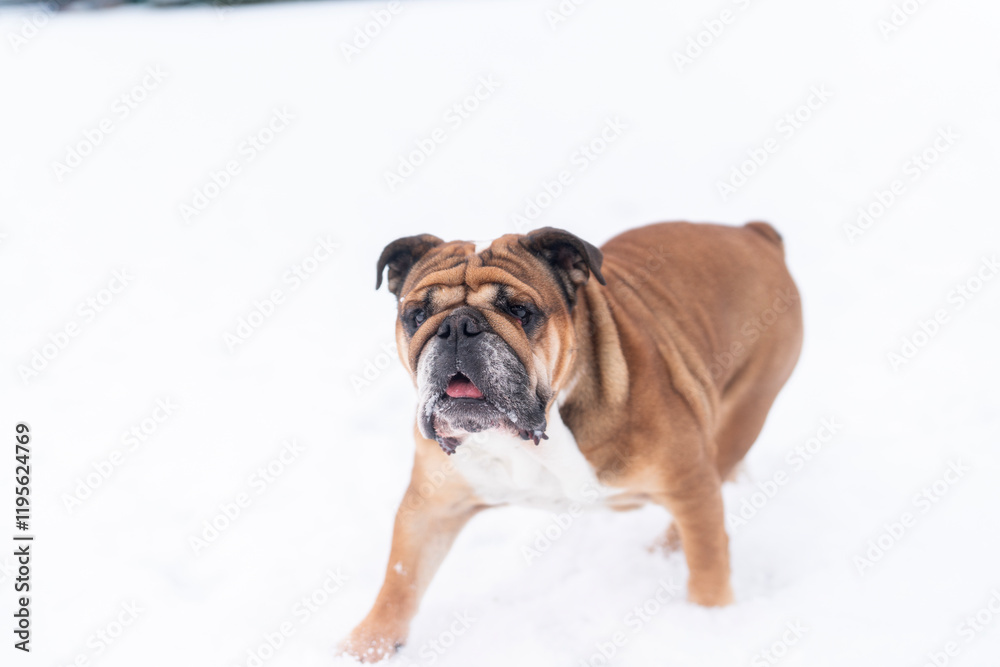 Bulldog enjoys playful moments in fresh snow during winter day outdoors Bulldog enjoys playful moments in fresh snow during winter day outdoors