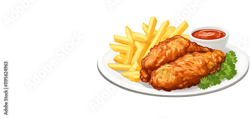 Crispy Fried Chicken Strips French Fries Tasty Meal Delicious Food Plate Dinner Lunch Restaurant red