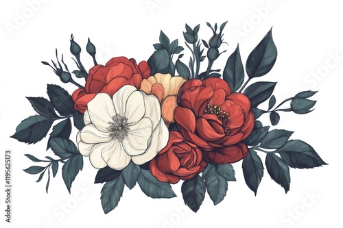 Beautiful vintage bouquet featuring blooming roses, buds, and leaves, creating an elegant floral arrangement