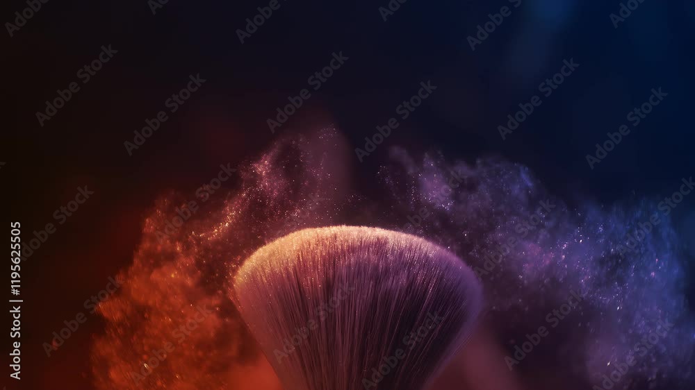 Super slow motion macro shot of makeup brush and colorful pink face powder shake at 1000 fps. Elegant luxury make up cosmetic abstract background. Beauty make-up glitter flying in high speed close up
