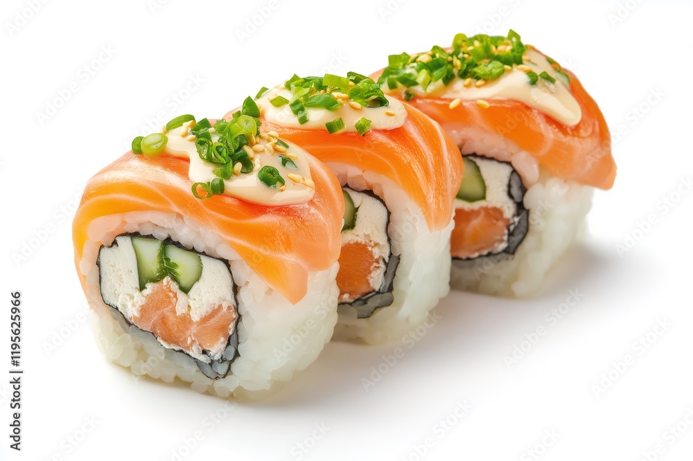 Close up of three uramaki sushi rolls with salmon, cucumber, cream cheese, mayonnaise and chives, served on a white background Close up of three uramaki sushi rolls with salmon, cucumber, cream cheese, mayonnaise and chives, served on a white background