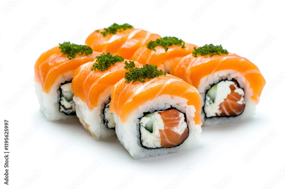 Philadelphia uramaki sushi rolls with salmon, cream cheese and cucumber decorated with green caviar on white background Philadelphia uramaki sushi rolls with salmon, cream cheese and cucumber decorated with green caviar on white background
