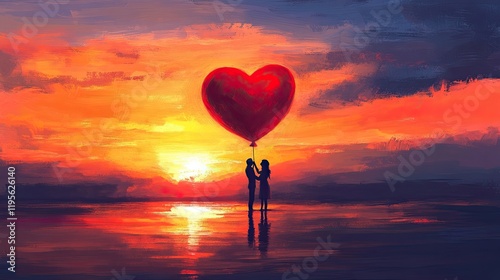 Romantic Couple Holding Heart Balloon at Sunset by the Ocean