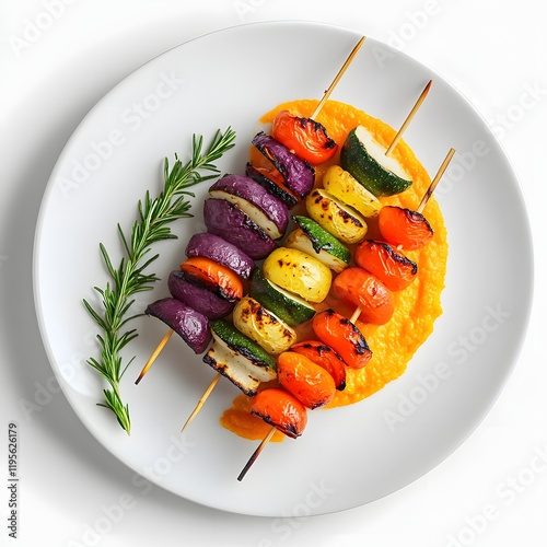 Colorful Vegetable Skewers Served on Orange Potato Puree Against White Background photo