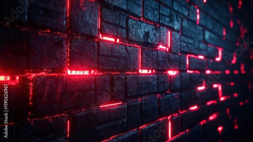 A highly detailed dark brick wall illuminated by neon lights in a cyberpunk style, with intricate textures and realistic lighting rendered using Unreal Engine