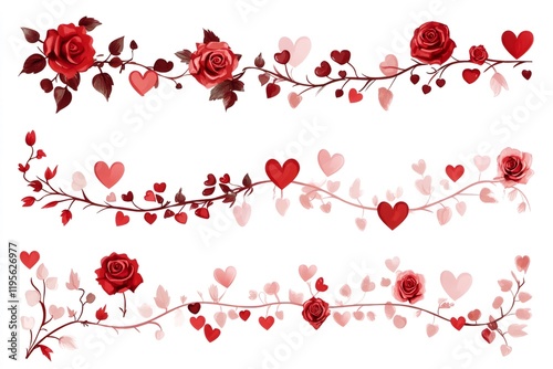 Three horizontal floral dividers with red roses and hearts are forming a romantic valentine's day decoration