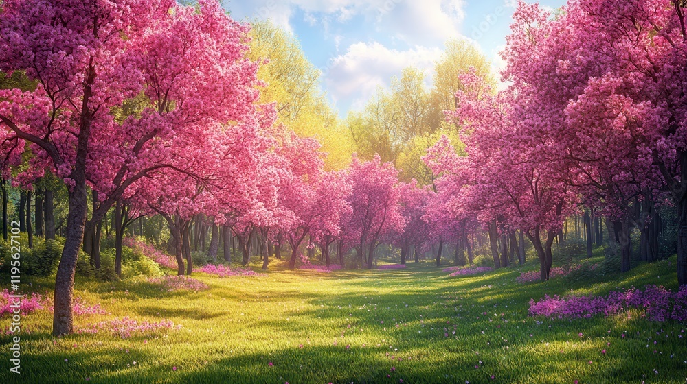 Scenic spring landscape with blossoming trees and sunlit green meadow Scenic spring landscape with blossoming trees and sunlit green meadow
