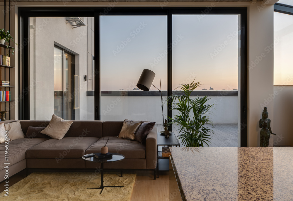 Fototapeta premium A Modern Living Room Design Featuring a Breathtaking Scenic City View During Sunset