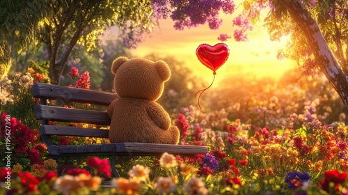 Teddy Bear on Bench Surrounded by Colorful Flowers at Sunset