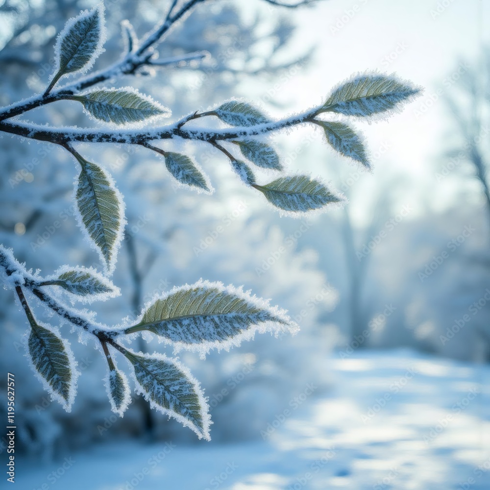 Delicate frost crystals outlining leaves on branches in a winter landscape