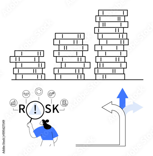 Stacked coins representing growth, woman examining risk factors via magnifier, diverging arrows for decision-making. Ideal for finance, strategy, investment, risk analysis, business growth