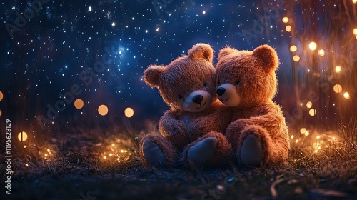 Two Adorable Teddy Bears Sitting Together Under a Starry Night Sky