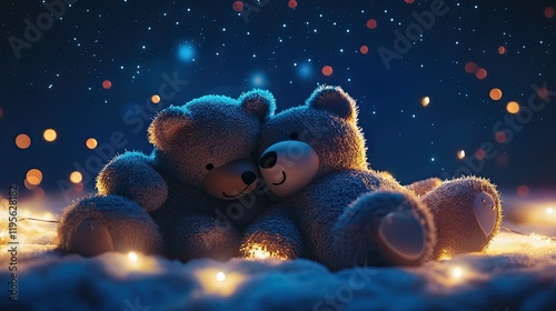 Two Adorable Plush Bears Embracing Under Soft Twinkling Lights
