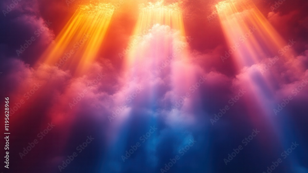 Ethereal Light Rays Piercing Through Vibrant Clouds in a Stunning Sky Display of Blues, Pinks, Oranges, and Purples During a Scenic Natural Phenomenon Ethereal Light Rays Piercing Through Vibrant Clouds in a Stunning Sky Display of Blues, Pinks, Oranges, and Purples During a Scenic Natural Phenomenon