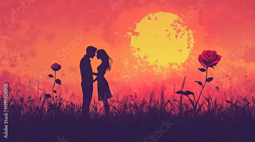 Romantic Silhouette of Couple Embracing at Sunset with Roses