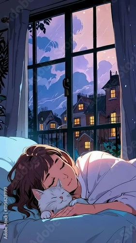 anime girl sleeping, lofi, anime girl sleeping and raining outside, rainy, 4K resolution, peaceful, plant, night, sound, music, 4K Lofi Japanese Anime-style background animation video, anime lofi girl