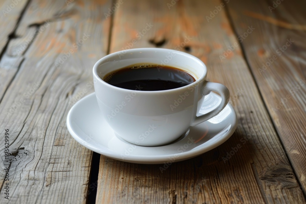 Steaming cup of black coffee sits on a rustic wooden table, creating a cozy and inviting atmosphere Steaming cup of black coffee sits on a rustic wooden table, creating a cozy and inviting atmosphere