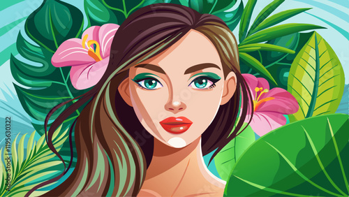 Closeup girl's face with green leave. Model with pink tropical orchid near face. Pretty girl in Skin care beauty treatments concept. ​Beautiful woman with green leave near face and body.