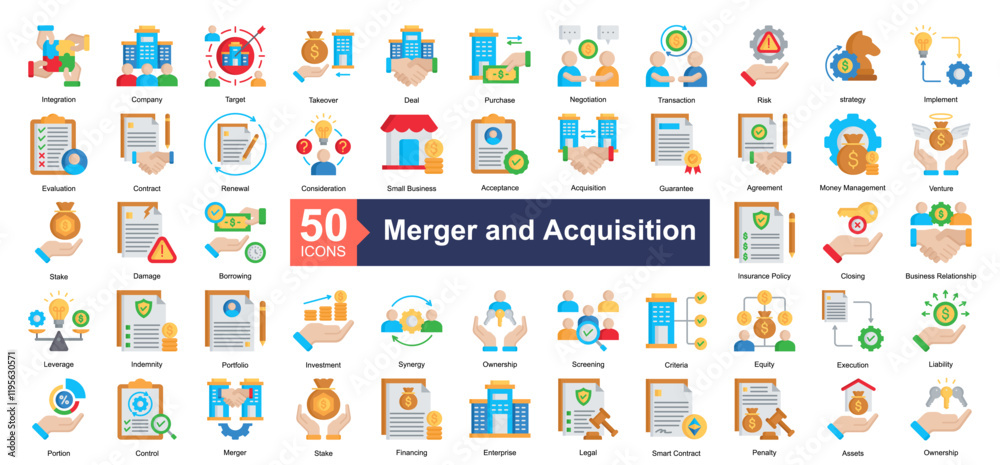 Merger and Acquisition Icon Collection Set.Containing Integration, Company, Target, Takeover, Deal, Purchase, Negotiation, Transaction icon. Simple flat style Vector Illustration. Merger and Acquisition Icon Collection Set.Containing Integration, Company, Target, Takeover, Deal, Purchase, Negotiation, Transaction icon. Simple flat style Vector Illustration.