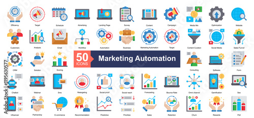 Marketing Automation Icon Collection Set.Containing Efficiency, Target, Schedule, Advertising, Landing Page, Survey, Content, Campaign icon. Simple flat style Vector Illustration.	