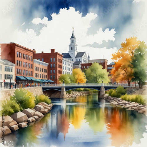 Watercolor illustration of Nashua, New Hampshire, blending city life with nature. Show the Nashua River running through downtown