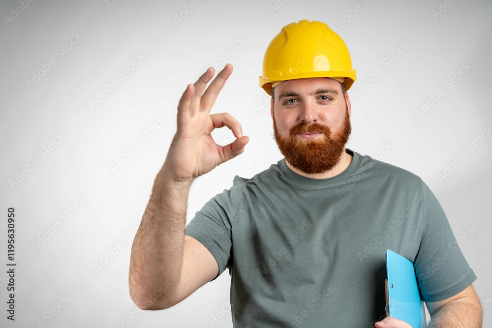 Workman making a perfect gesture. Construction Worker Success. Smiling satisfied worker in working clothes, with helmet and hardhat standing isolated and showing okay sign.