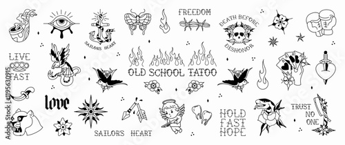 Classic old school tattoos, black and white images of vintage american old school tattoos for sailors, gangsters, hipsters. Black and white outline stickers with Classic retro lettering. Vector set