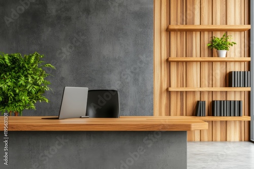 Modern Wooden and Concrete Library Office Workspace - Stylish workspace blending wood and concrete textures.  Modern design, minimalist aesthetic, professional atmosphere, natural elements, organized  photo