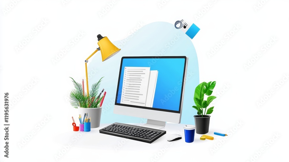 Modern Workplace Setup with Computer and Plants - Productivity, organization, efficiency, nature, technology. A clean and modern workspace. Modern Workplace Setup with Computer and Plants - Productivity, organization, efficiency, nature, technology. A clean and modern workspace.