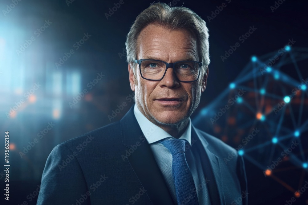 Confident Business Executive with Glasses in a Modern Office Setting Against a Futuristic Background Featuring Abstract Networking Graphics Confident Business Executive with Glasses in a Modern Office Setting Against a Futuristic Background Featuring Abstract Networking Graphics