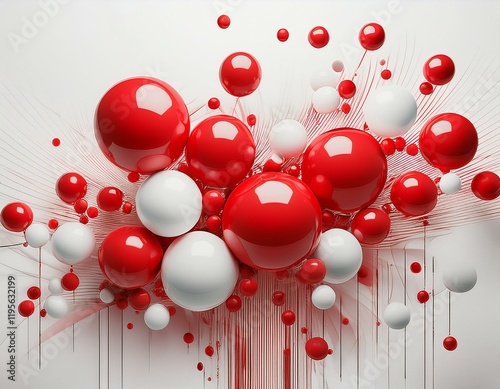 minimalistic abstract background composed of red and white balloons copy space molecules on white background