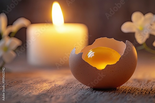 Delicate eggshell cradles golden yolk, softly illuminated by can photo