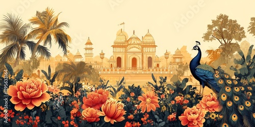 A Mughal-inspired garden illustration featuring a peacock, floral patterns, and traditional motifs. Perfect for decor and cultural designs.