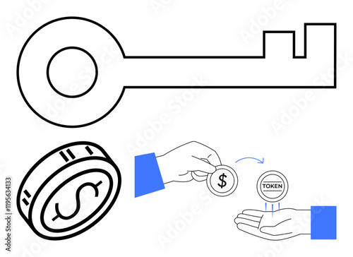 Key, currency coin and hands exchanging dollar coin for digital token. Ideal for finance, security, transactions, digital currency, cryptocurrency, investments e-commerce. Line metaphor