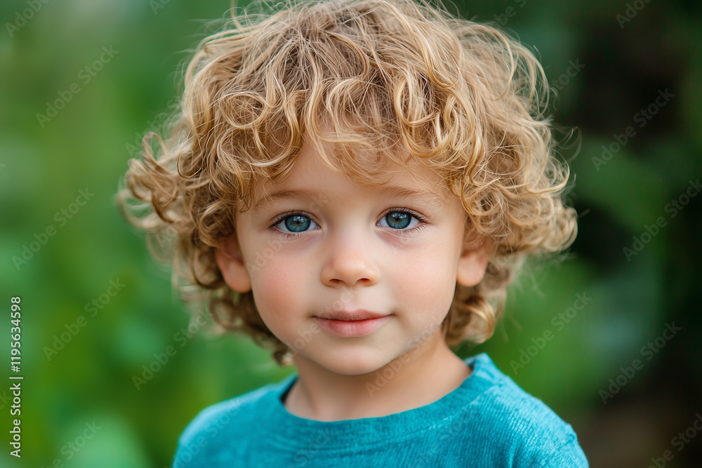 Portrait of a young boy with curly hair and bright blue eyes enjoying a sunny day Portrait of a young boy with curly hair and bright blue eyes enjoying a sunny day