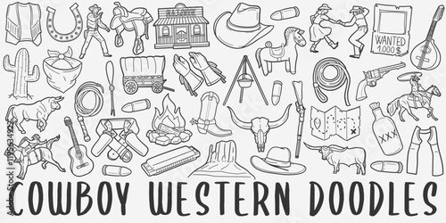 Cowboy Doodle Icons. Hand Made Line Art. Western Clipart Logotype Symbol Design.