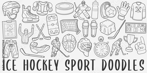 Ice Hockey Doodle Icons. Hand Made Line Art. Winter Sports Clipart Logotype Symbol Design.
