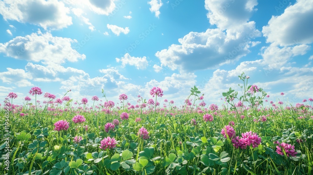 Vibrant clover field under blue sky with fluffy clouds Vibrant clover field under blue sky with fluffy clouds