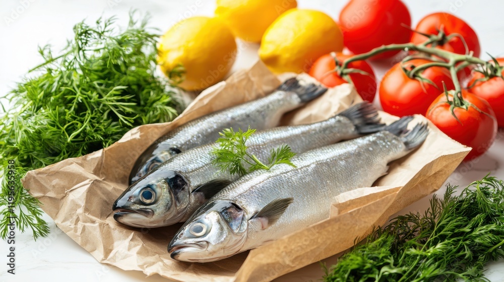 Healthy food background. Healthy food in paper bag fish, vegetables and fruits on white. Shopping food supermarket concept Healthy food background. Healthy food in paper bag fish, vegetables and fruits on white. Shopping food supermarket concept