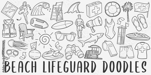 Lifeguard Doodle Icons Black and White Line Art. Bay Clipart Hand Drawn Symbol Design.