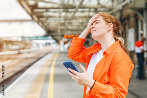 Fotografie Woman waits at train station while checking mobile phone in frustration